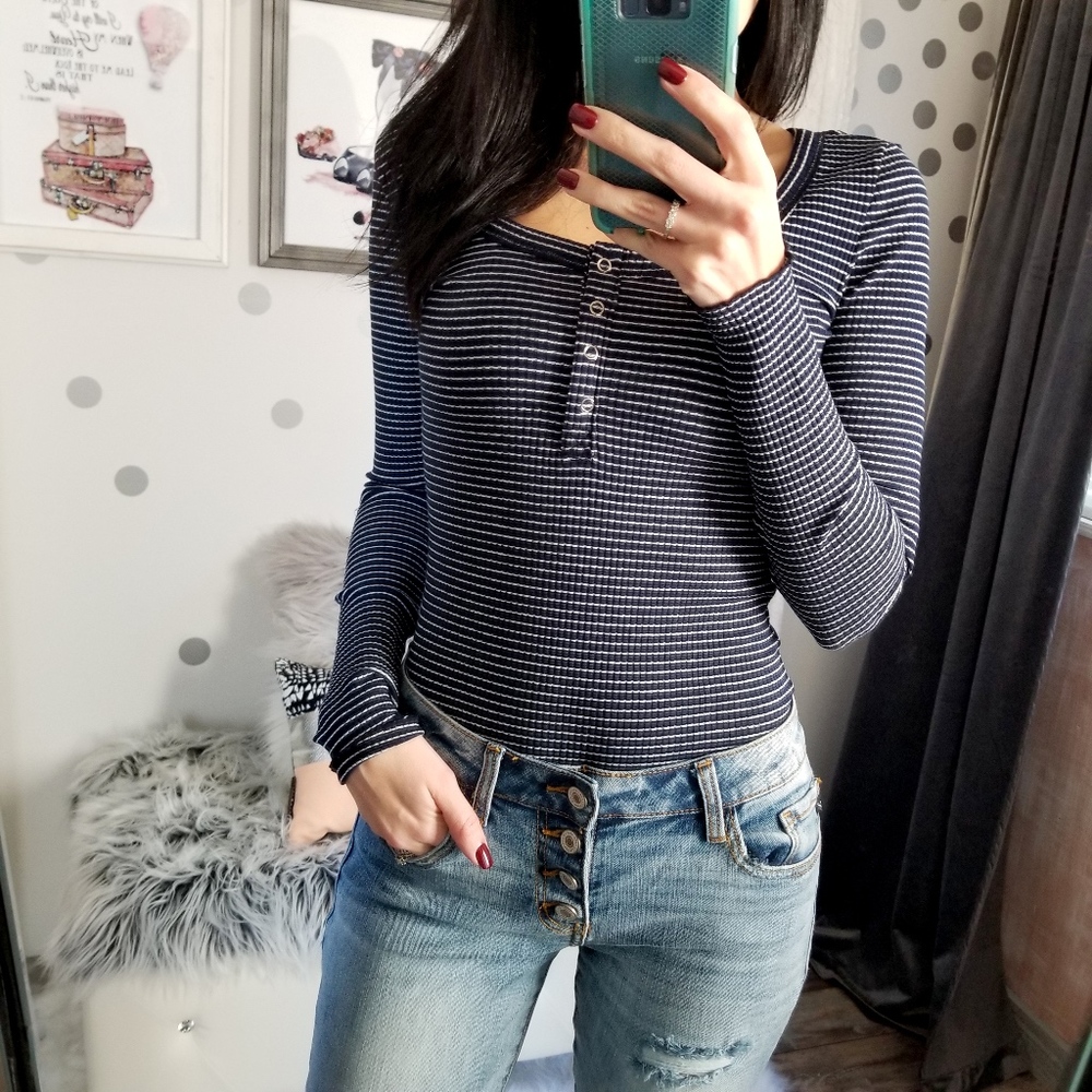 SALE Navy Stripe Henley Top Rib Knit Top - Picture 4 of 8